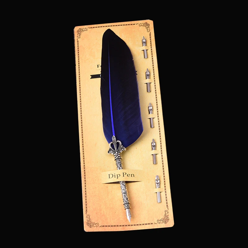 1 комплект перьевая ручка Chancery Quill наклонное перо+ 5 шт. перо металл для фантазийной каллиграфии винтажных канцелярские принадлежности - Цвет: Синий