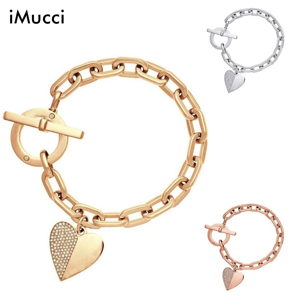 

iMucci Fashion Exquisite Charm Polishing Crystal Gold Sliver Rose Gold Wrist Bracelet Trendy Luxury Heart Metal Cuff Bracelet