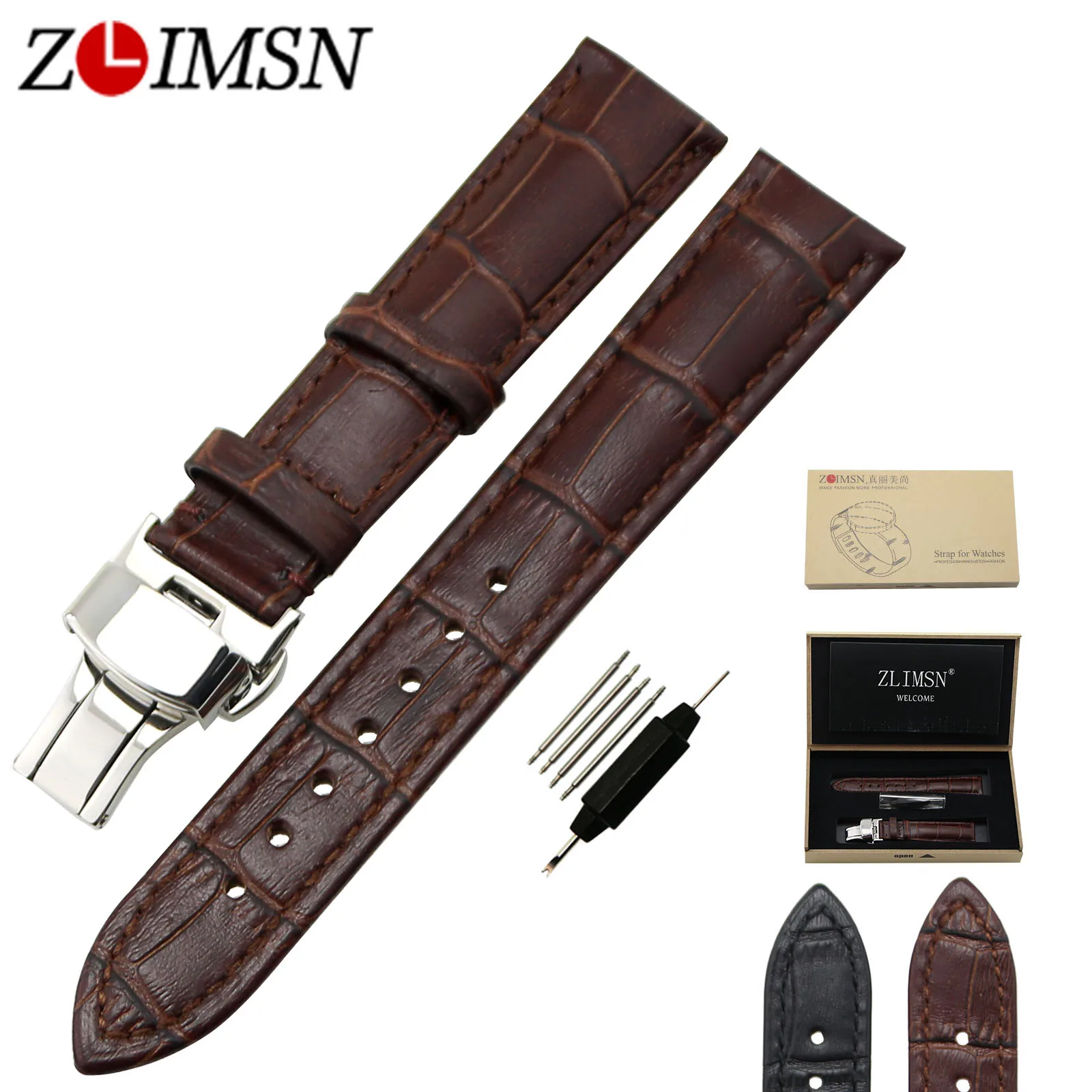 ZLIMSN Watch Strap Deployment Butterfly Clasp Soft Top Grade Crocodile