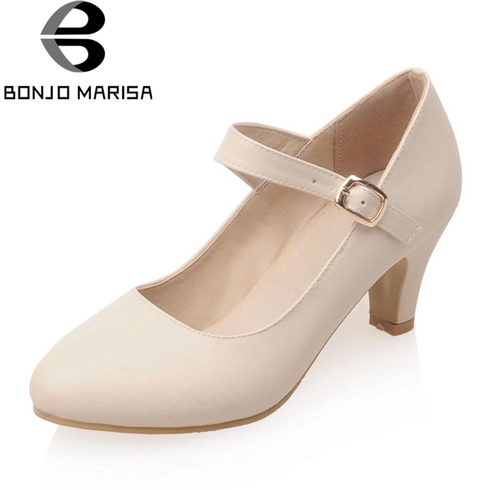 

BONJOMARISA New Square High Heels Buckle Strap Solid Mary Janes Women Shoes Woman Casual Autumn Pumps Big Size 31-43