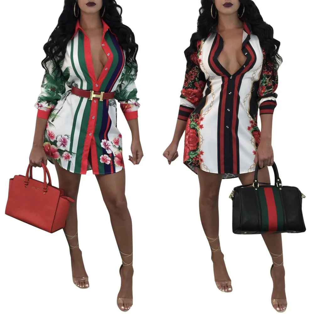 

HOOYI 2019 Autumn Women Shirt Dress Print Flower Plus size beach Mini Dresses Sexy Clothing