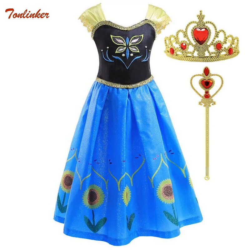 

Girls Elsa Anna Dress Girls Costume Crown Wig Magic Wand Princess Party Cosplay Kids Dresses Children Christmas Birthday Clothes