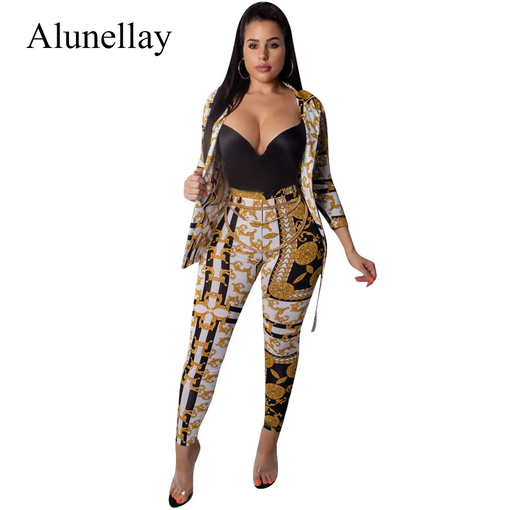 Alunellay Women 2 Piece Sets Printed Jumpsuit Wrist Sleeve Button Notched Collar Slim Bodycon Jumpsuit Women Sexy Club Playsuit