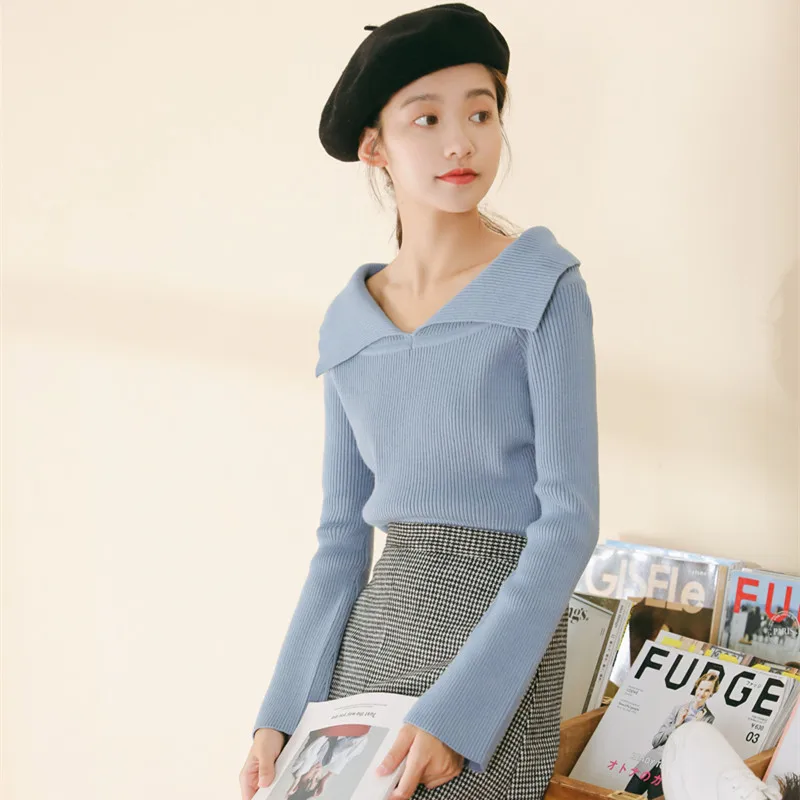 

Осень Зима шикарный свитер женский студенческий длинный рукав отложной воротник пуловеры женские элегантные модные повседневные тонкие Топы H9408