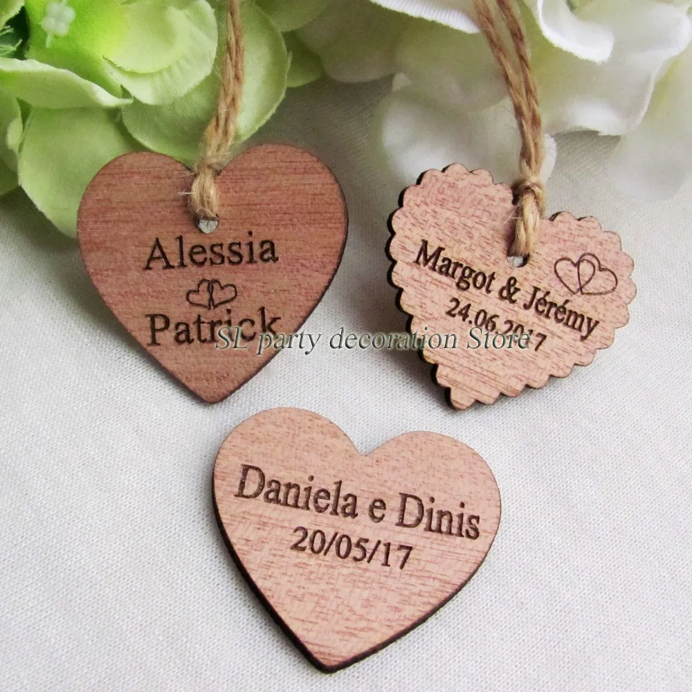  30/50/100pcs Personalized Engraved Wedding Name and Date Wooden Heart Tag Gift Favor Tag Bridal Sho - 32803502711
