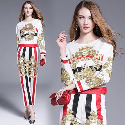 

Oshangchaopin Long Sleeve Gorgeous Print Pattern Pullover Tops+Hit Color Striped Pant Set Women Plus Size Autumn Clothing Suits