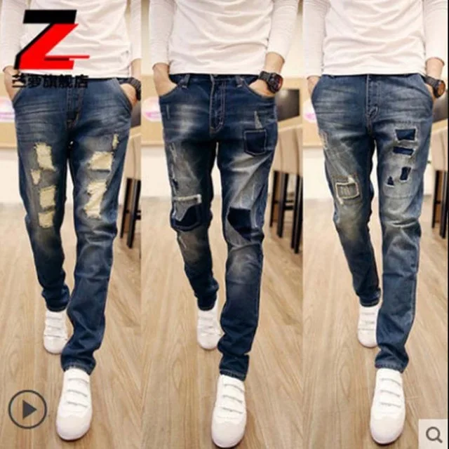 

High Quality 2017 Fashion Ripped Patch Jeans Men Vintage Designer Pencil Pants Moustache Effect Hip Hop Casual troursers