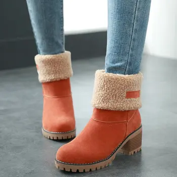 

Winter Snow Boots Women Warm Fur Ankle Boots for Women Fashion Thick High Heel Short Boots Big Size Gray Black Orange Booties