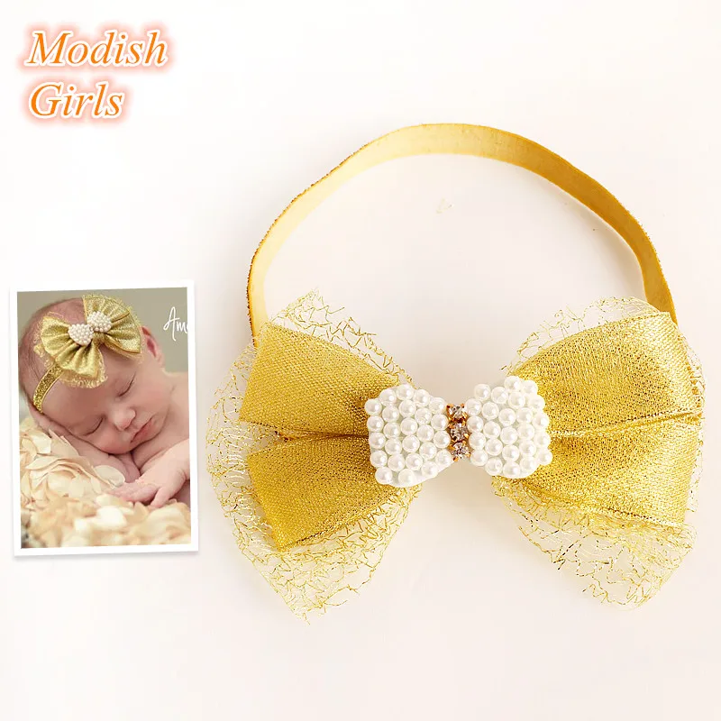 

Big Gold Bowknot with Bow Bead Cute Baby Party Hair Bows White Pearl Headbands Princess Toddler Crystal Hairbands 10pcs/lot