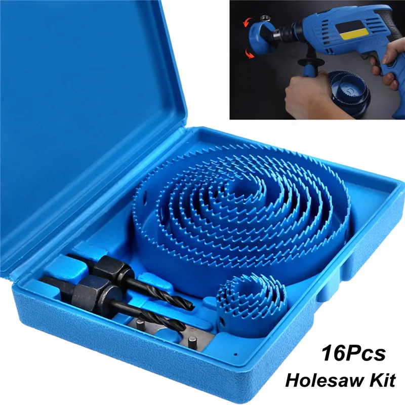 

16pcs/Set Carbon Steel Holesaw Set Circle Wood Round Cutter Hole Saw Drill Bits 19-127mm Tool Kit Hole Saw Set Metal Hole Set