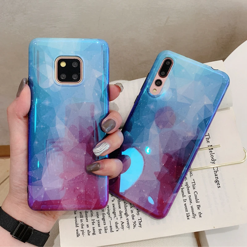 

Geometric Rhombus Purple Crystal phone Cases For Huawei P20 P30 Mate 20 Pro P Smart Plus Soft Cover Smooth Glitter conque capa