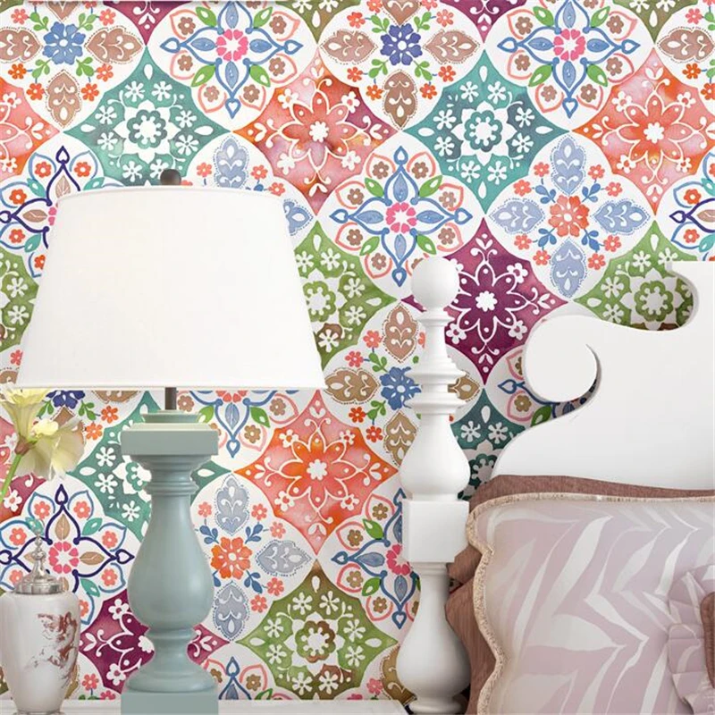 

beibehang Imitation tile wallpaper bohemian ethnic style Mediterranean Southeast Asian style living room TV background wallpaper