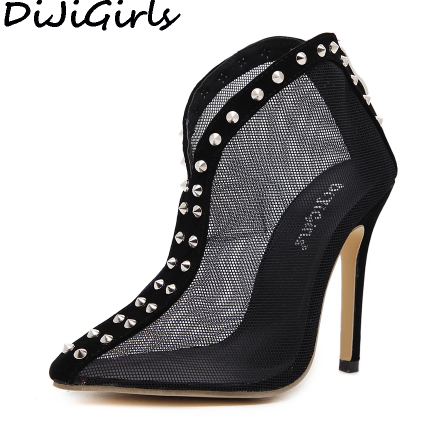 

DiJiGirls Women Pumps Summer Lace Cut Out V Boots Punk Rivets Studded Mesh Gauze Bootie High Heel Stiletto Shoes Woman Party
