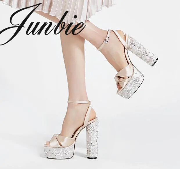 

JUNBIE New Satin Beige Black Sexy Platform HIgh Heel Sandals Open Toe Crystal Floral Super HIgh Heel Sandals Shoes Women