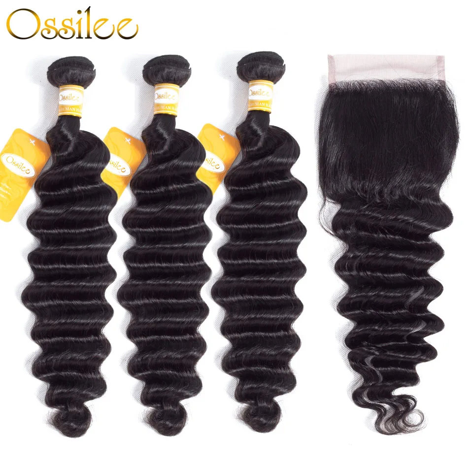 baratas Ossilee Solto Profunda Onda Cabelo Pacotes com Fecho de 4 pçs lote RemyHair Bundles Tecer Cabelo Brasileiro Feixes de cabelo Humano com Fecho
