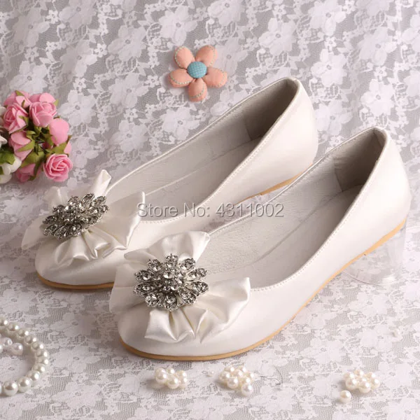 

Custom Handmade White Satin Bridesmaid Flats for Women Wedding Shoes Flat with Bow