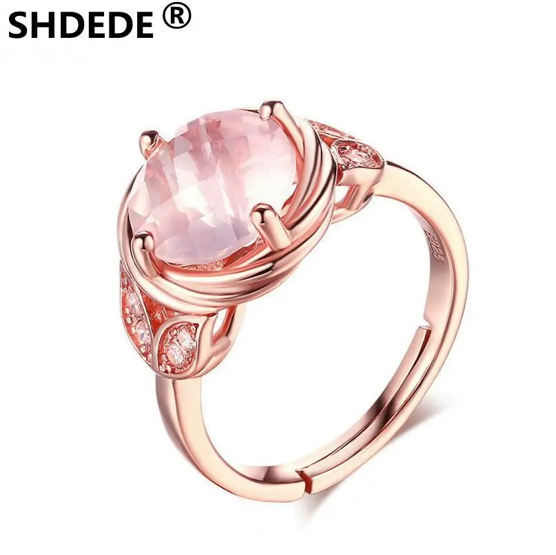 SHDEDE Flower Wedding Ring Natural Pink Rose Quartz 925