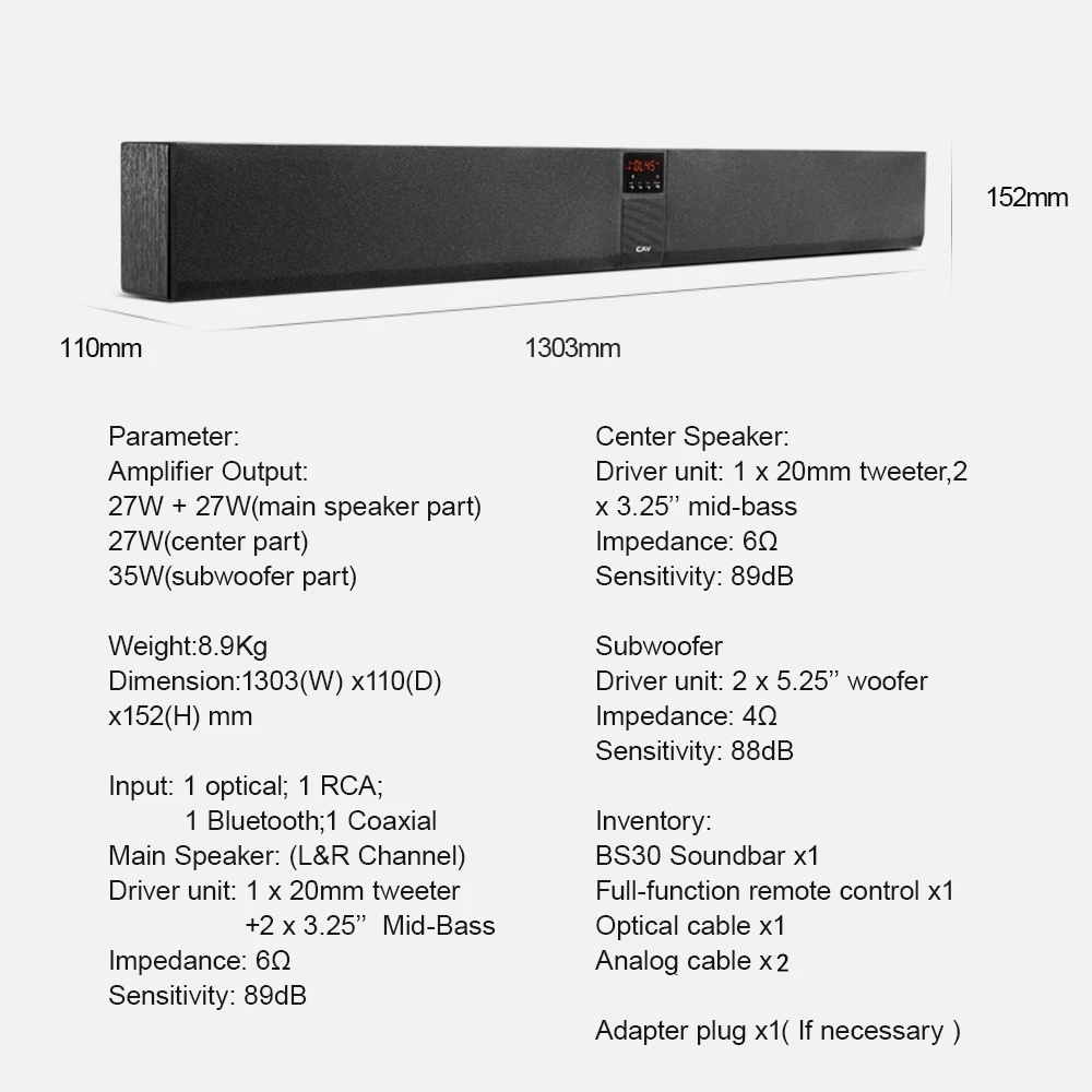 CAV BS30 Bluetooth Soundbar Column Dual Subwoofers Speaker Home Theater DTS Surround Sound System Hang Wall Built-in 3D Stereo