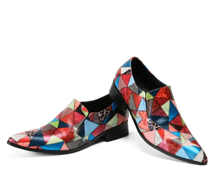 

Pointed toes men dress shoes mix colour genuine leather flats loafers smart casual genuine leather Geometric plaid male loafer