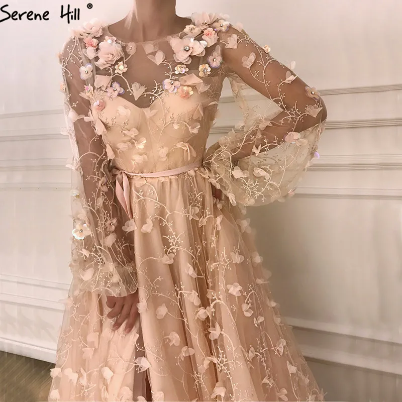 

Newest Long Sleeve Kaftan Floral Formal Evening Prom Party Gown Dress Elegant Dresses Abendkleider 2019 BLA6496