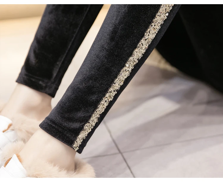 Черные женские брюки с блестками по бокам; сезон весна-зима; леггинсы с высокой талией; бархатные леггинсы с подкладкой для девочек; Универсальные леггинсы для студентов