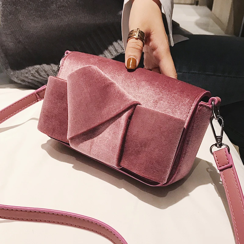 

BENVICHED Ladies' velvet bag 2019 autumn winter women fashion bow red handbag Inclined single shoulder bag small square bag c277