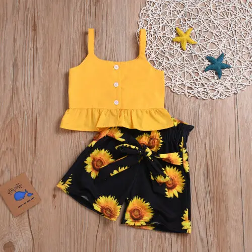 

2019 Baby Summer Clothing Toddler Baby Kid Girl Yellow Sleeveless Tops T-shirt Tank Sunflower Shorts Pants 2Pcs Outfit Sets 2-6Y