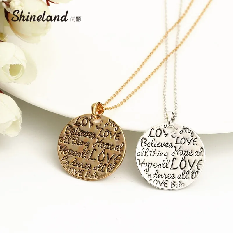 

"Love Believe Hope Allthing" Engraved Letter Necklace Gold Silver Color Round Pendants Necklaces For Girl Woman Jewelry Femme