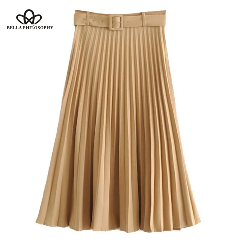 Bella Philosophy Ladies Khaki Pleated Skirts Buckle Belt High Waist