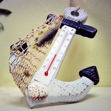 Mediterranean style Wood Anchor Thermometer Coat Hook Wall Hanging Nautical Home Decor