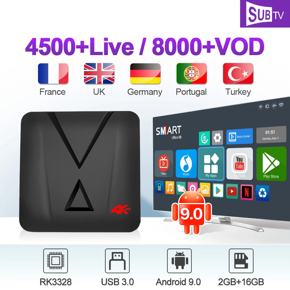 

SUBTV Arabic France IPTV 1 Year Code UK Portugal MX10 Mini Android 9.0 2G+16G USB3.0 IPTV Italy French Canada IPTV France Arabic