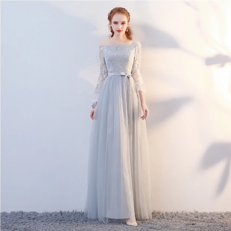 SJZL 70 # серое платье подружки невесты с длинным рукавом и круглым воротником на