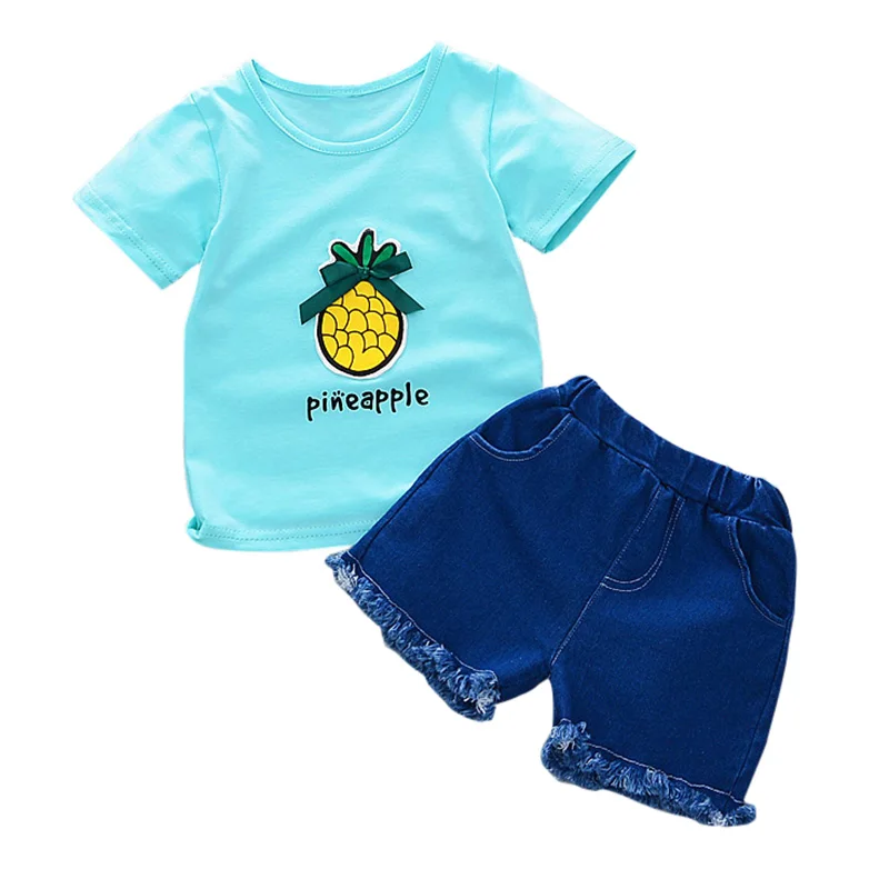 

Baby Girls Summer Pineapple Pattern Short Sleeve Sets T-shirt Tops+Denim Shorts Suits Casual Outfits Kids Clothes Blue Red