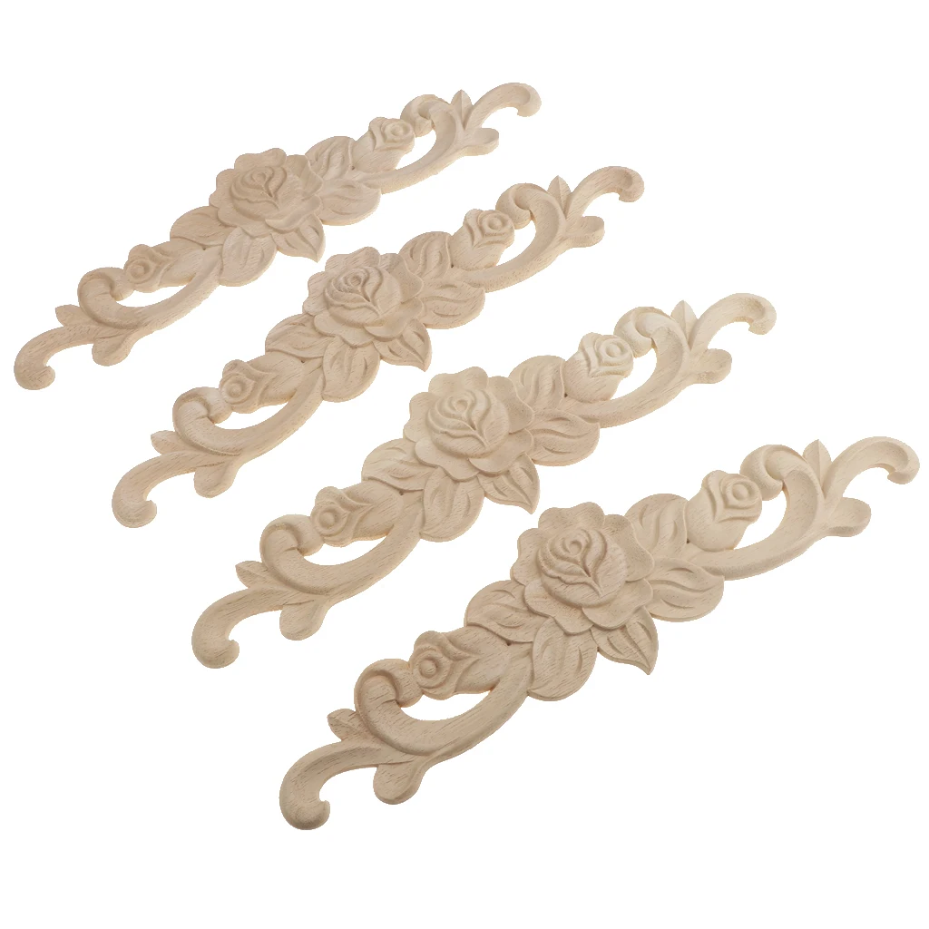 4x Wood Carved Long Onlay Applique Unpainted Rose Flower Door Decor