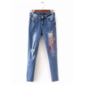 

YSMILE Y Women Embroidery Peacock Personality Jeans High Waist All Match Ripped Slim Casual Trousers High Quality Pencil Jeans
