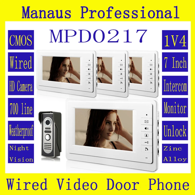 New Wired Magnetic Lock One to Four Video Doorphone Device,Hot Selling 7 inch Screen Keypad Display Video Intercom System D217b