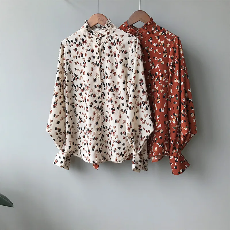 

2019 Spring Women Blouse Stand collar Lace collar floral long sleeve ladies blouse lantern sleeve loose womens tops and blouses