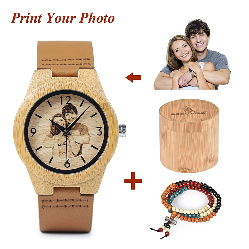 BOBO BIRD Men Women Quartz Wristwatch With UV Printing Photo Bamboo Watches OEM Customized Gift