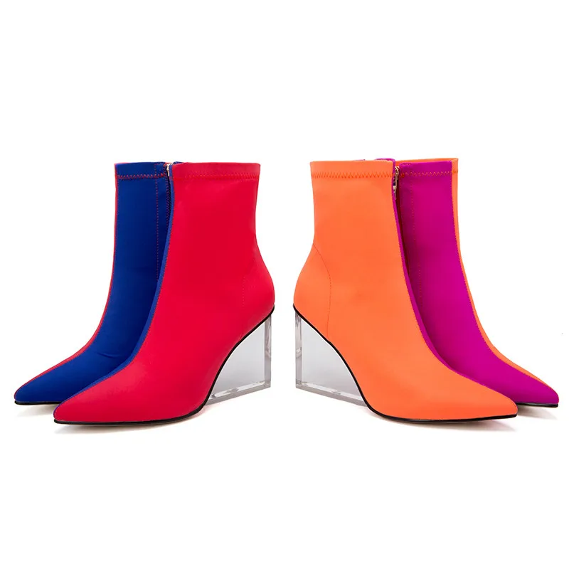 MORAZORA/Новое поступление года; женские ботильоны; разноцветные ботинки с эластичными носками на молнии; прозрачные женские модельные туфли на танкетке для вечеринок