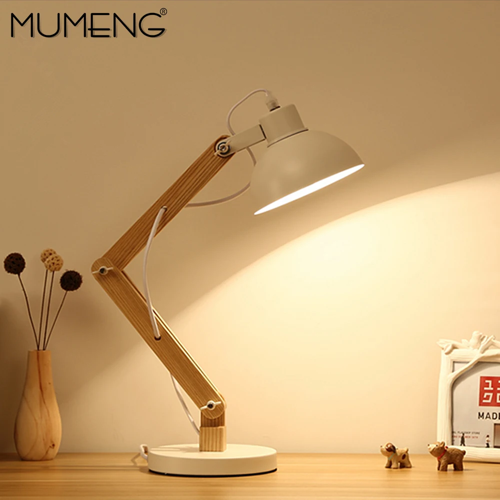 

MUMENG Table Lamp 220V E27 Wooden Creative desk light Shaped Flexible Adjustable Folding Reading Light Home Office