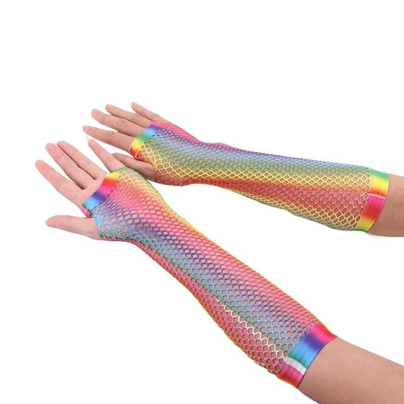 

1Pair Rainbow Print Dance Costume Performance Fingerless Mesh Fishnet New Gloves Women Gloves Hollow Out Holes Gloves