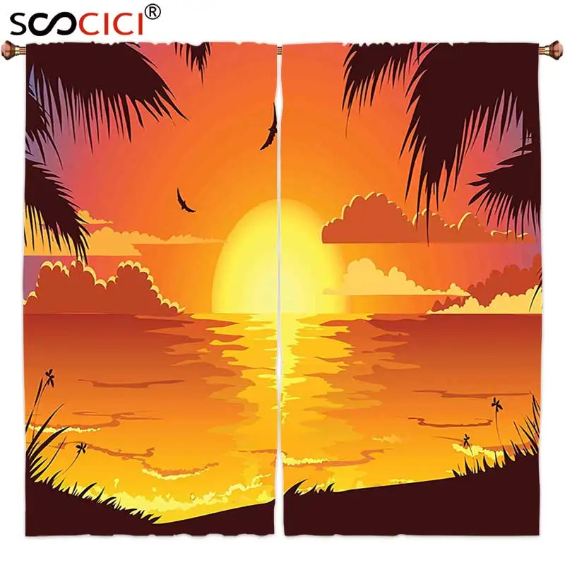 

Window Curtains Treatments 2 Panels,Landscape Romantic Love Cuople Sunset Scenery View Sea Ocean Wave Sun Artwork Salmon
