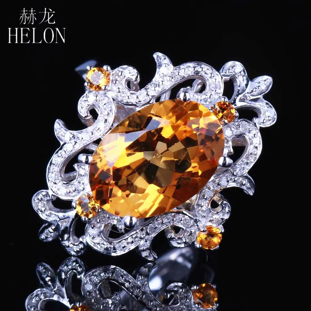 

HELON Real 14k White gold Special Flowers Certified Oval 4.5ct Genuine Citrine Diamond Ring For Women Wedding Party Gift Jewelry