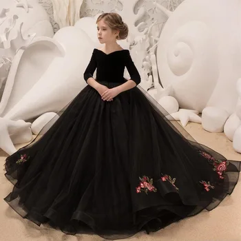 

Caustom made black V-neck collar embroidery gown children girls party dress