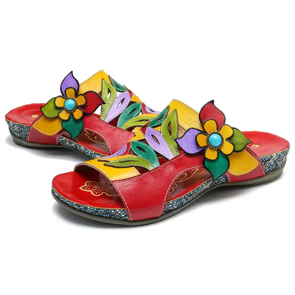 SOCOFY/туфли из мягкой натуральной кожи; сандалии в стиле ретро с цветочным узором на застежке-липучке; удобная летняя обувь