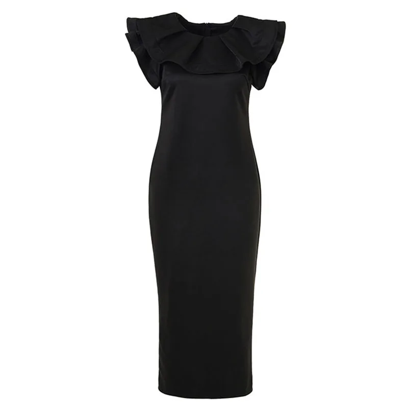 Women Fashion Formal Party Wear Dress Black Rose Carmine Solid Tight Fitting Ruffle Neckline Design Mid-Calf Wrapped Vestidos (3)