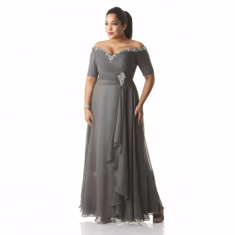 Elegant grey Chiffon Plus Size Mother of the Bride Dresses Gray V Neck