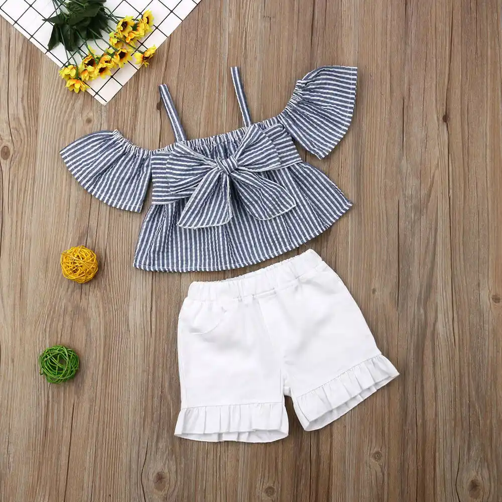 Toddler Kids Baby Girl Off Shoulder Striped Crop Top Bowknot Blouse+Ruffle Shorts Summer Outfit