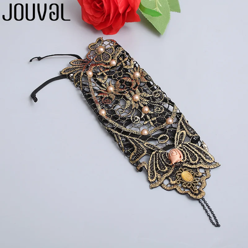 Женский готический браслет JOUVAL черный и золотой кружевной ручной работы с