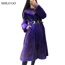 SHILO GO Fur Coat Womens Winter Fashion whole real Mink Fur long coat laple collar big skirt dark purple pocket x-long coat